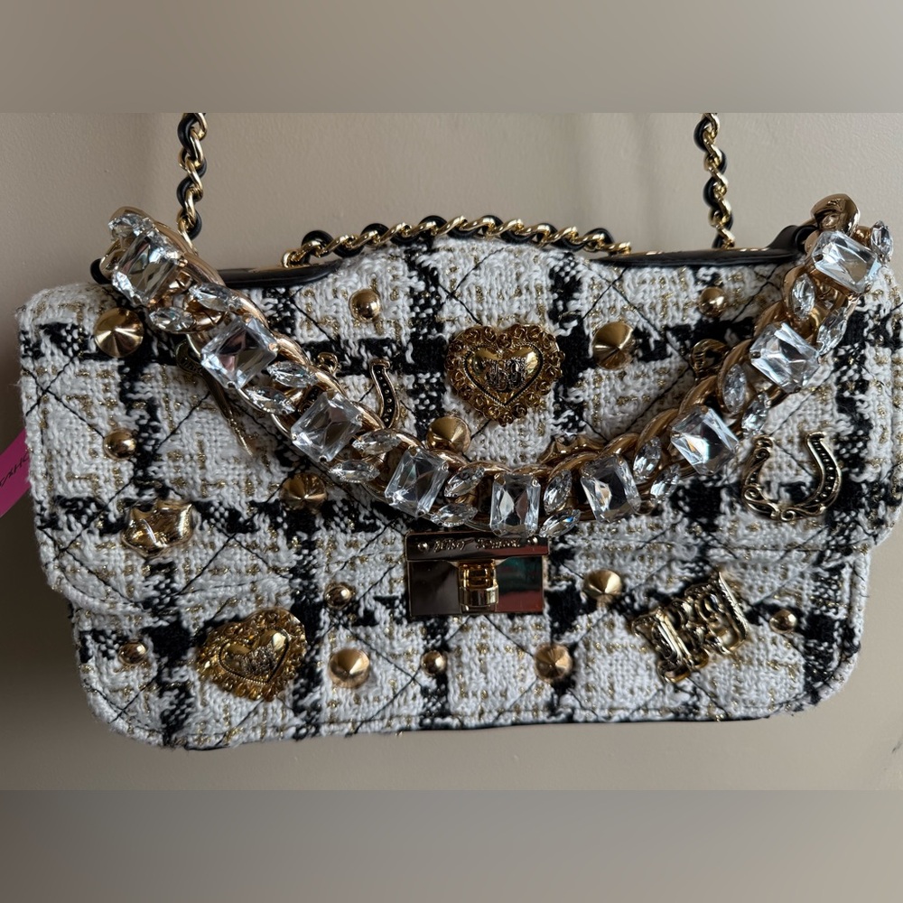 SOLD OUT! RARE Betsy Johnson!Elegant Black and White Tweed Bag with Gold Accents